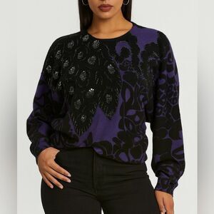 Eminent Vintage Lambswool Sweater Purple Black Floral Sequin Beaded M